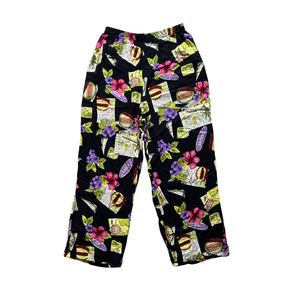 Vtg 90s Womens Pants L Multi-color Novelty Print Beachy Resort Vacation Boho
